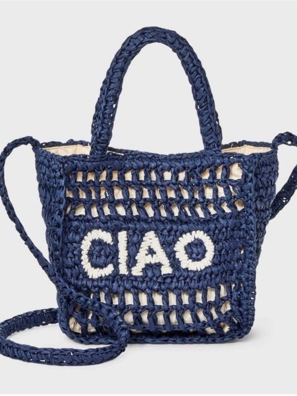 Universal Thread Navy Crochet Tote with White "CIAO" Accent Crossbody Bag EUC